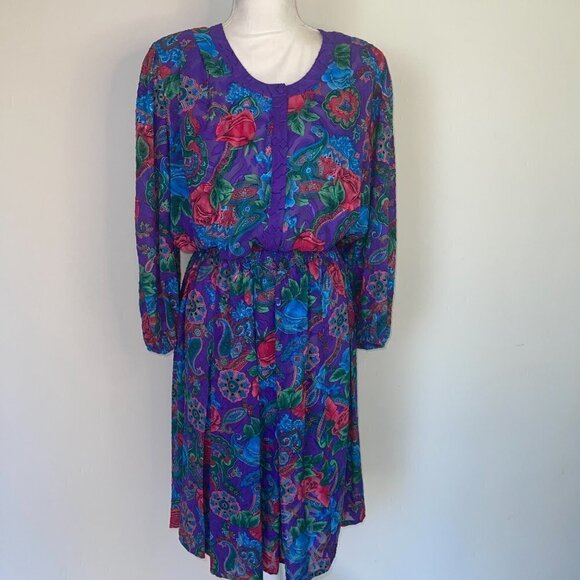 Diane Freis Skirt Set Womens Vintage Floral Purple Red Blue Polyester Top Button - Picture 7 of 15